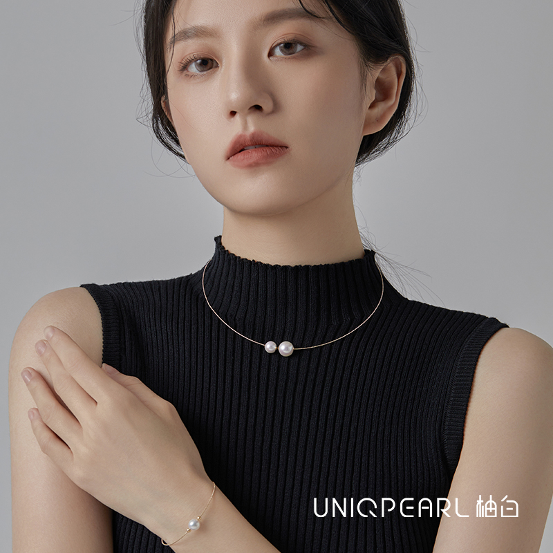 UP柚白 极光双珠项圈 18K金天然极光淡水珍珠正圆10-11项链路路