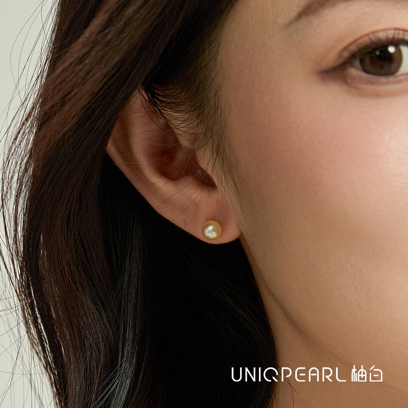 柚白 18K金海水akoya珍珠羽皇金耳钉6-7mm正圆近无暇高品质素钉