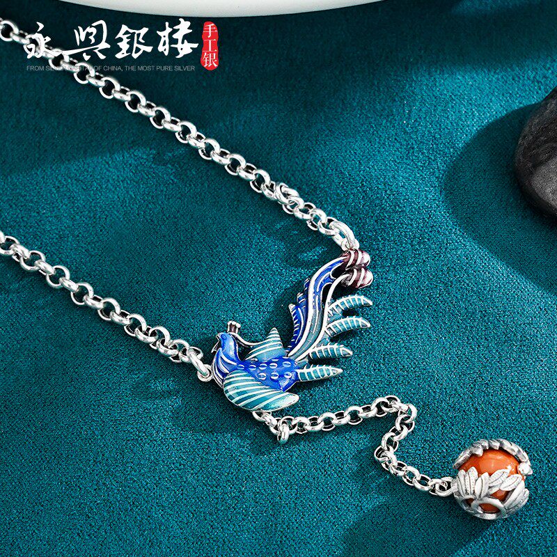 s925纯银中国风凤凰南红圈圈项链滴胶工艺复古圆环套链送女友礼物