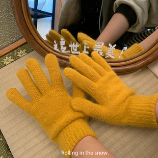 冬季针织毛线兔毛手套女露指触屏玩手机保暖加绒骑行五指手套防风