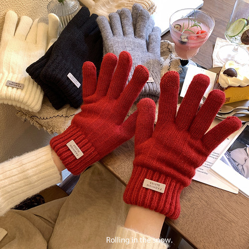 加绒加厚保暖防寒针织毛线手套女