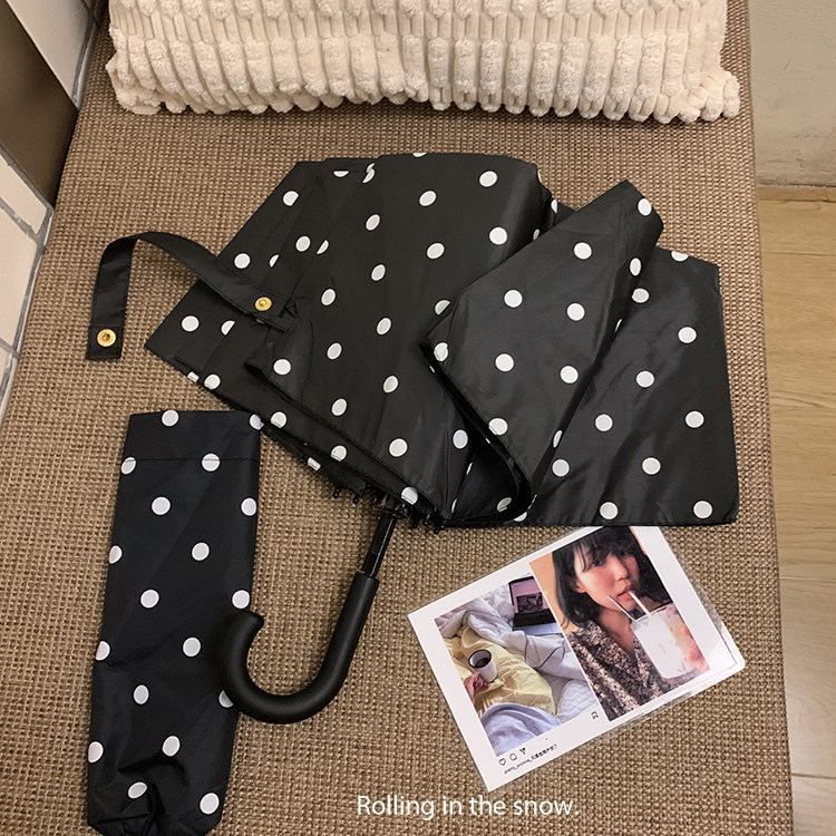 高颜值弯柄黑胶遮阳伞晴雨两用简约复古波点防紫外线太阳伞学生