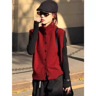 秋冬高领羊毛马甲女纯色针织无袖开衫毛衣背心宽松羊绒坎肩马夹