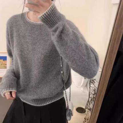 2025春秋新款圆领100纯羊毛衫女羊绒针织衫软糯打底宽松花边毛衣