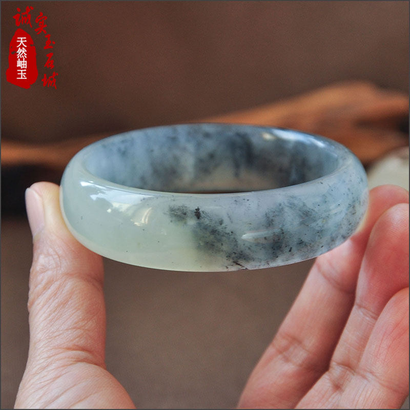 岫色 天然釉玉玉镯岫玉镯子女款烟青色岫岩玉手镯水墨风格送妈妈