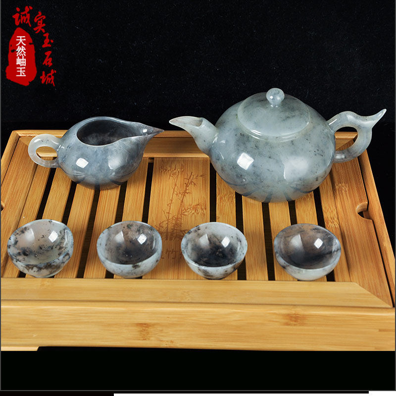 岫色 天然玉石茶具酒具套装客厅岫玉功夫茶壶花玉摆件商务礼品