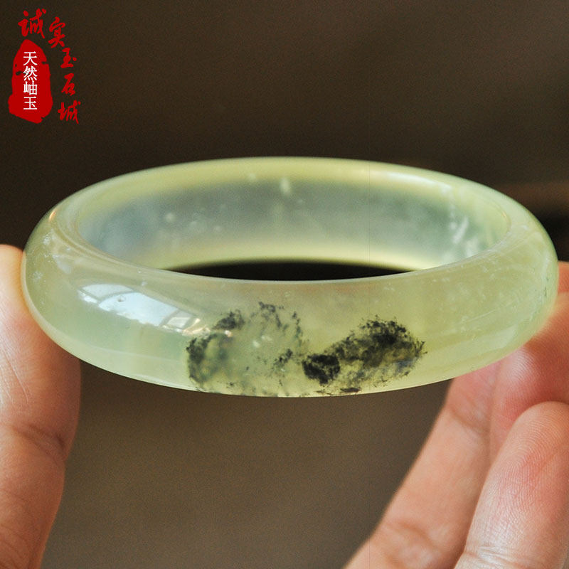 新坑冰种飘花玉手镯 正品天然岫玉手镯女款玉镯子A货水墨玉石镯子