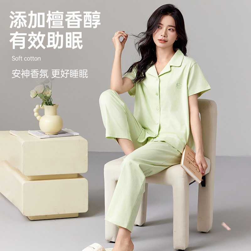 韩彩夏季纯棉睡衣女2025年新款檀香助眠可外穿休闲短袖家居服套装