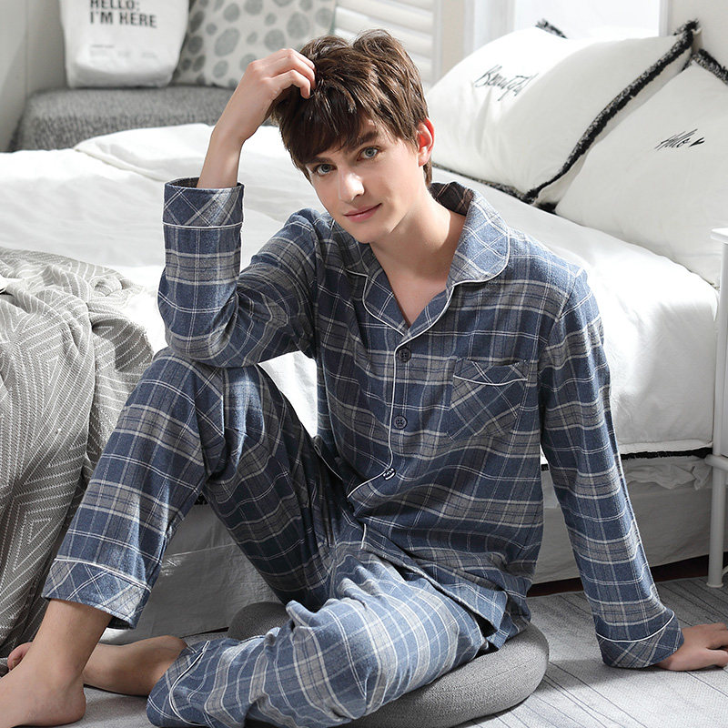 韩彩睡衣男长袖格子纯棉居家服可外穿休冬季男款男士家居服套装