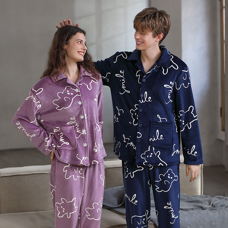 韩彩情侣珊瑚绒睡衣男女士秋冬季中等加厚套装加绒法兰绒家居服