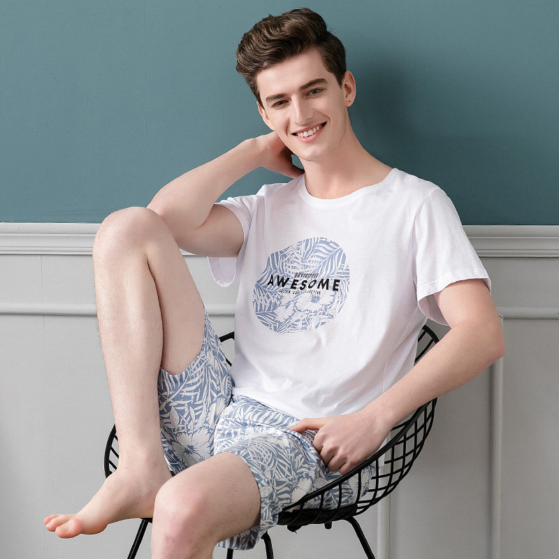睡衣男士夏季全棉短袖短裤家居服青少年薄款夏天纯棉休闲大码套装