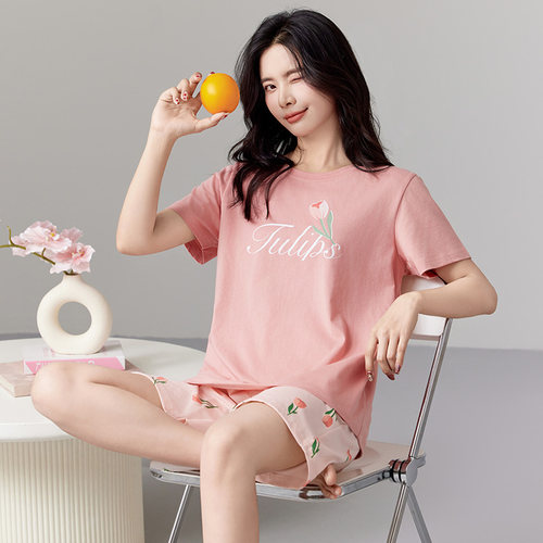 韩彩带胸垫纯棉睡衣女夏季女款短袖家居服少女可外穿简约可爱休闲