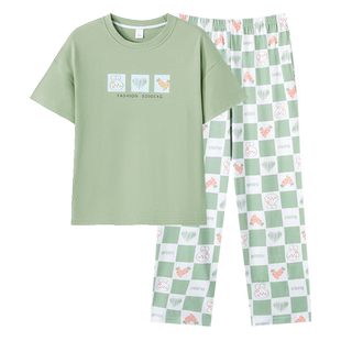 韩彩睡衣女士夏款纯棉短袖长裤带胸垫一体圆领大码家居服2025新款