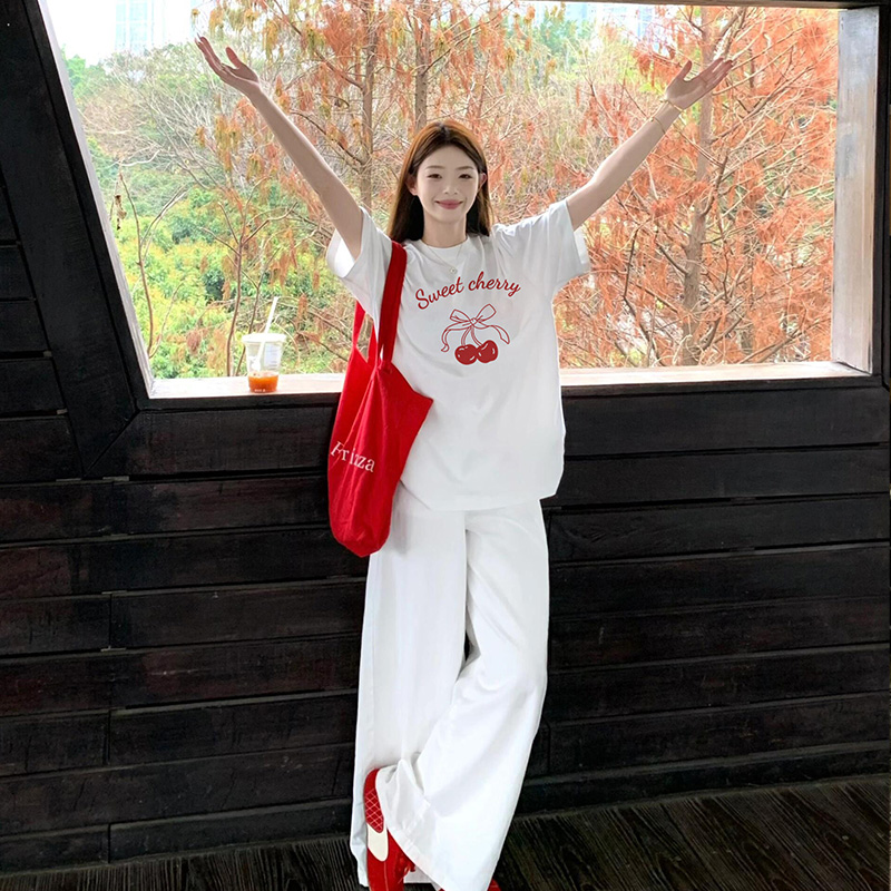 樱桃白色纯棉短袖正肩女t恤夏2025新款宽松大码上衣设计感小众女