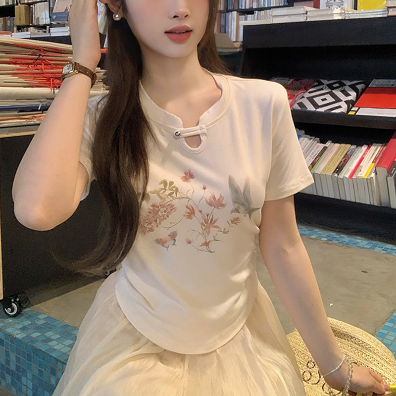 新中式国风短袖t恤女2025新款爆款夏季修身高腰刺绣镂空短款上衣