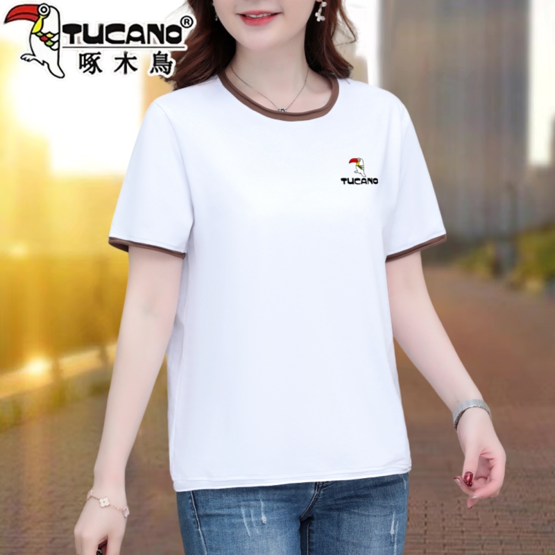 啄木鸟纯棉圆领短袖t恤女2025新款夏季大码中老年妈妈休闲上衣服
