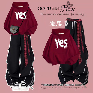 青少年新年战袍运动风字母红色卫衣套装女秋冬中大童工装裤两件套