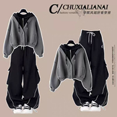 裤 女童洋气套装 少女秋冬加绒宽松连帽假两件卫衣酷飒工装 两件套