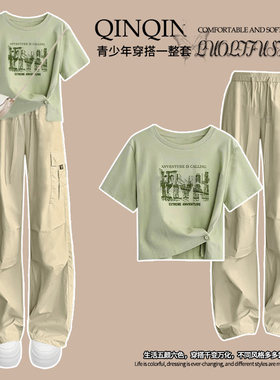 女童工装裤夏款T恤套装