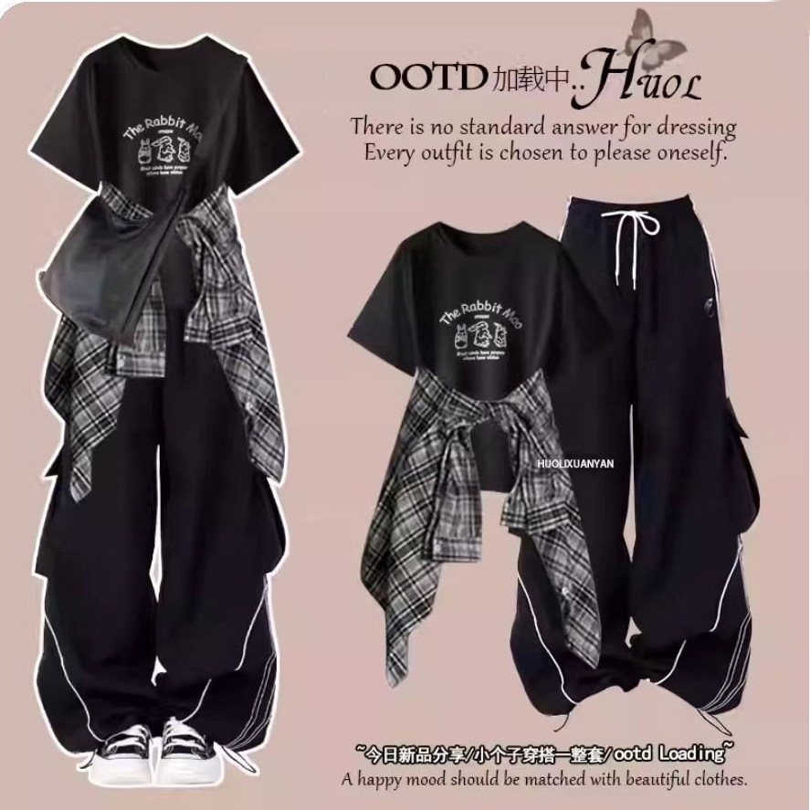 女童韩系学院风短袖T恤格子衬衫三件套女夏季又a又飒炸街套装潮