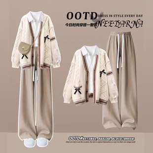 青少年秋装大童美拉德高级感毛衣初秋季2025新款韩剧穿搭三件套装