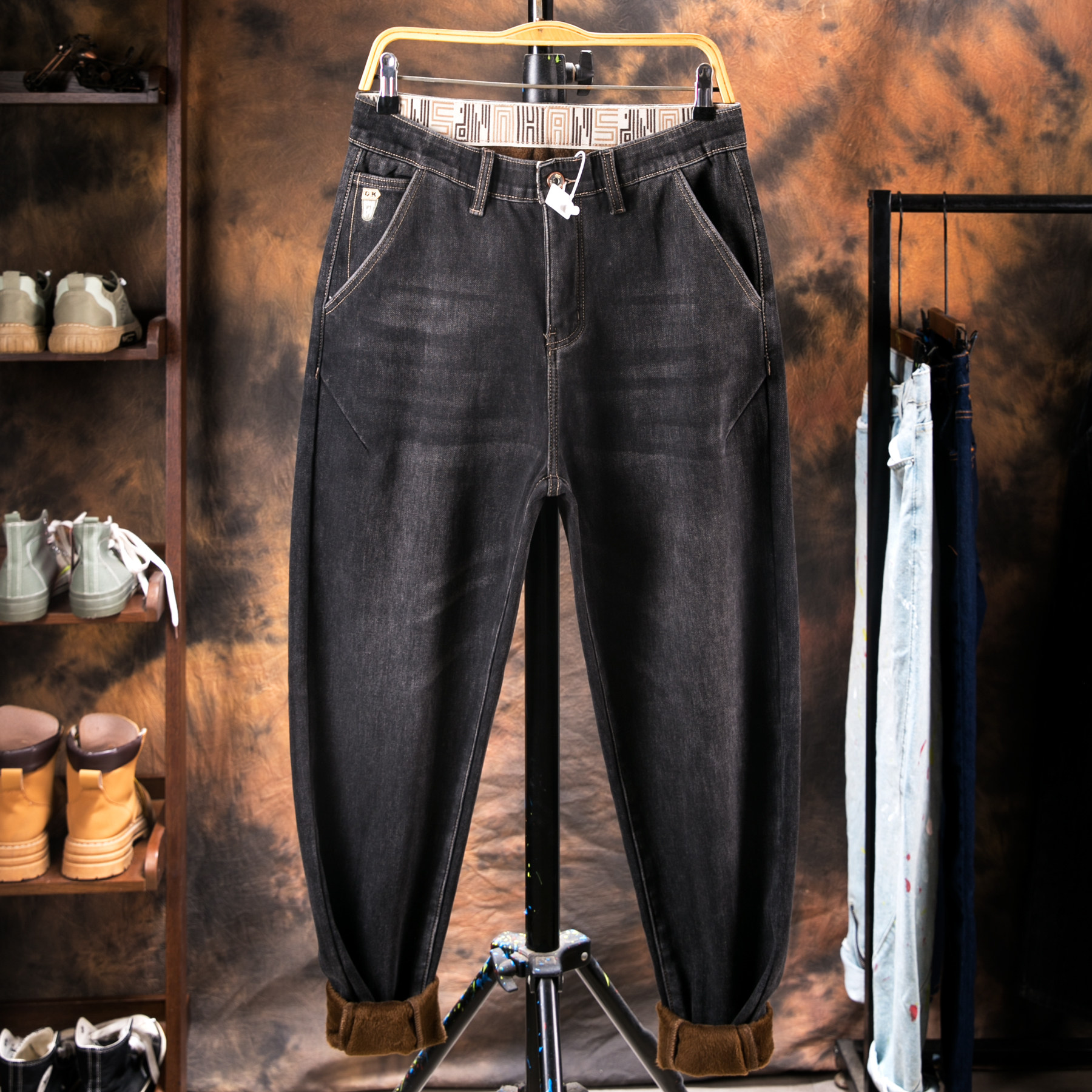 加绒加厚牛仔裤男秋冬季新款男潮牌胖子大码宽松弹力小脚哈伦长裤