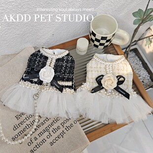 宠物猫咪狗狗秋冬装 公主蓬蓬纱裙小香风山茶花小型犬加绒背心马甲