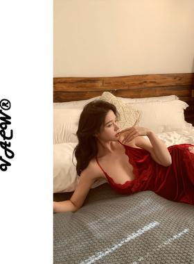 VACW法式性感蕾丝吊带睡裙高级纯欲本命年私房红内衣圣诞情人节女