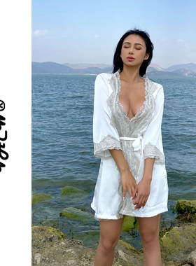 VACW高级感舒适性感蕾丝睡裙浴袍仿真丝性感蕾丝少女睡衣肩带可调