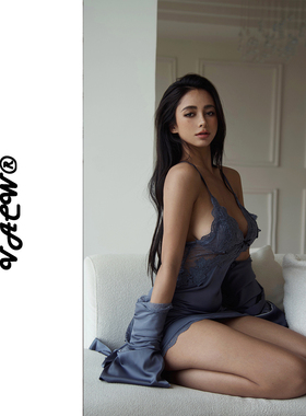 VACW仿真丝高级缎面软蕾丝纯欲风吊带睡裙浴袍套装性感睡衣春夏女