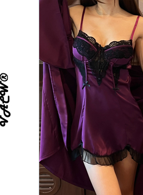 VACW含胸垫丝滑凉感缎面性感睡裙露背纯欲大码微胖睡衣睡袍女春夏