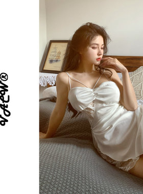 VACW超透气美胸露背纯欲舒适蕾丝缎面性感吊带冰丝睡裙短睡衣女夏