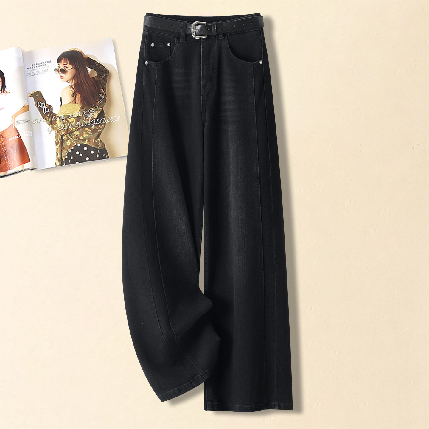 春季窄版直筒牛仔裤女2026新款高腰超显瘦美式复古黑色百搭阔腿裤