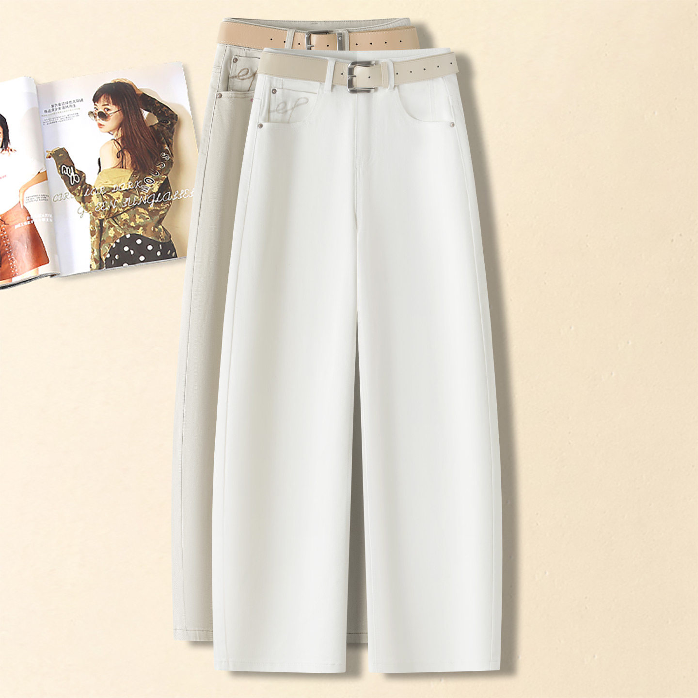 米白色弯刀阔腿牛仔裤女2026年春秋季新款高腰宽松显瘦百搭直筒裤