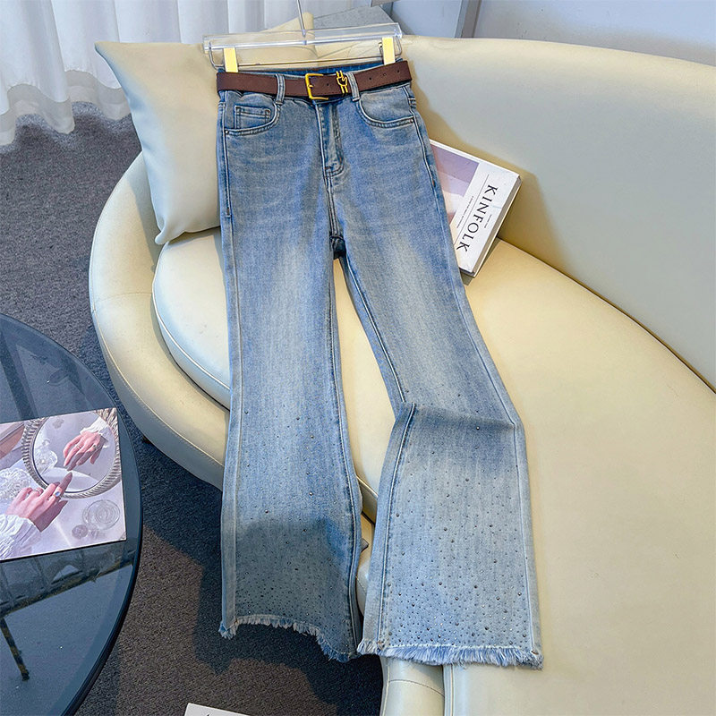 浅蓝带钻牛仔裤女微喇裤春季2026新款巨好看百搭的裤子烫钻喇叭裤