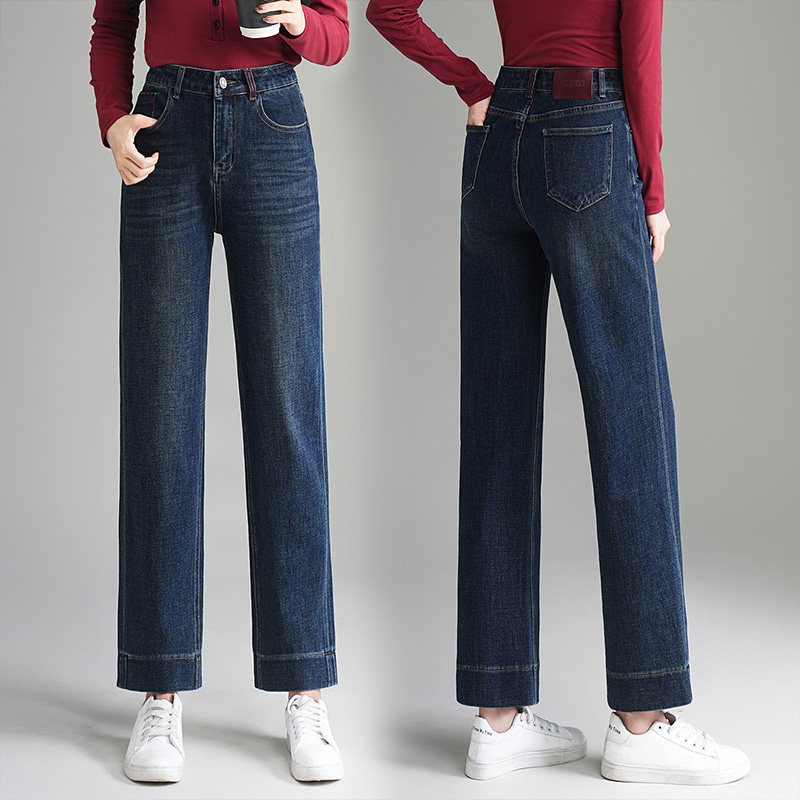 复古蓝牛仔法棍裤女春秋季2026新款高腰修身显瘦小个子直筒九分裤