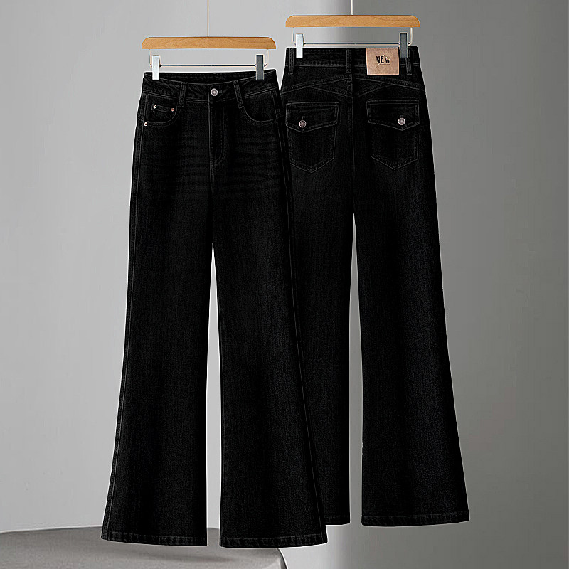 黑色微喇牛仔裤女2026新款春秋季高腰弹力修身显瘦后袋翻盖喇叭裤