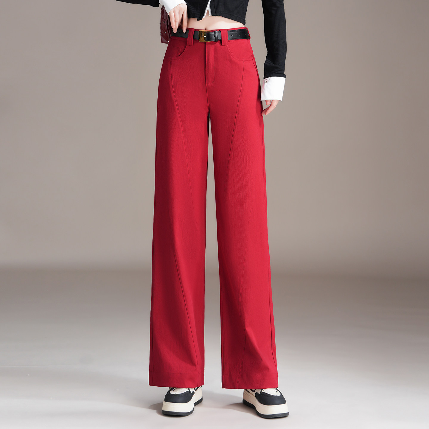 红色窄版阔腿裤女2026春季高腰时尚显瘦垂坠感百搭女士直筒休闲裤