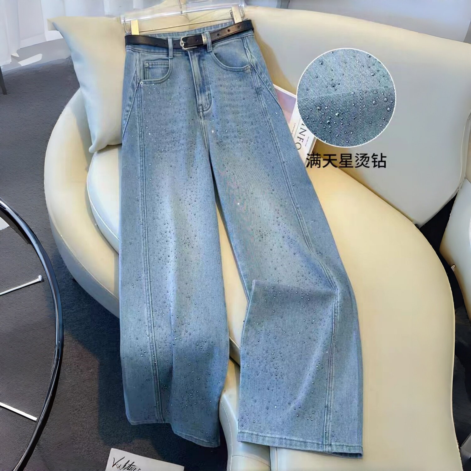 满天星烫钻阔腿牛仔裤女春季2026新款复古垂感弯刀裤闪钻直筒裤子