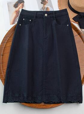 藏青色刺绣直筒牛仔裙半身裙女2026夏季新款高腰显瘦时尚包臀中裙