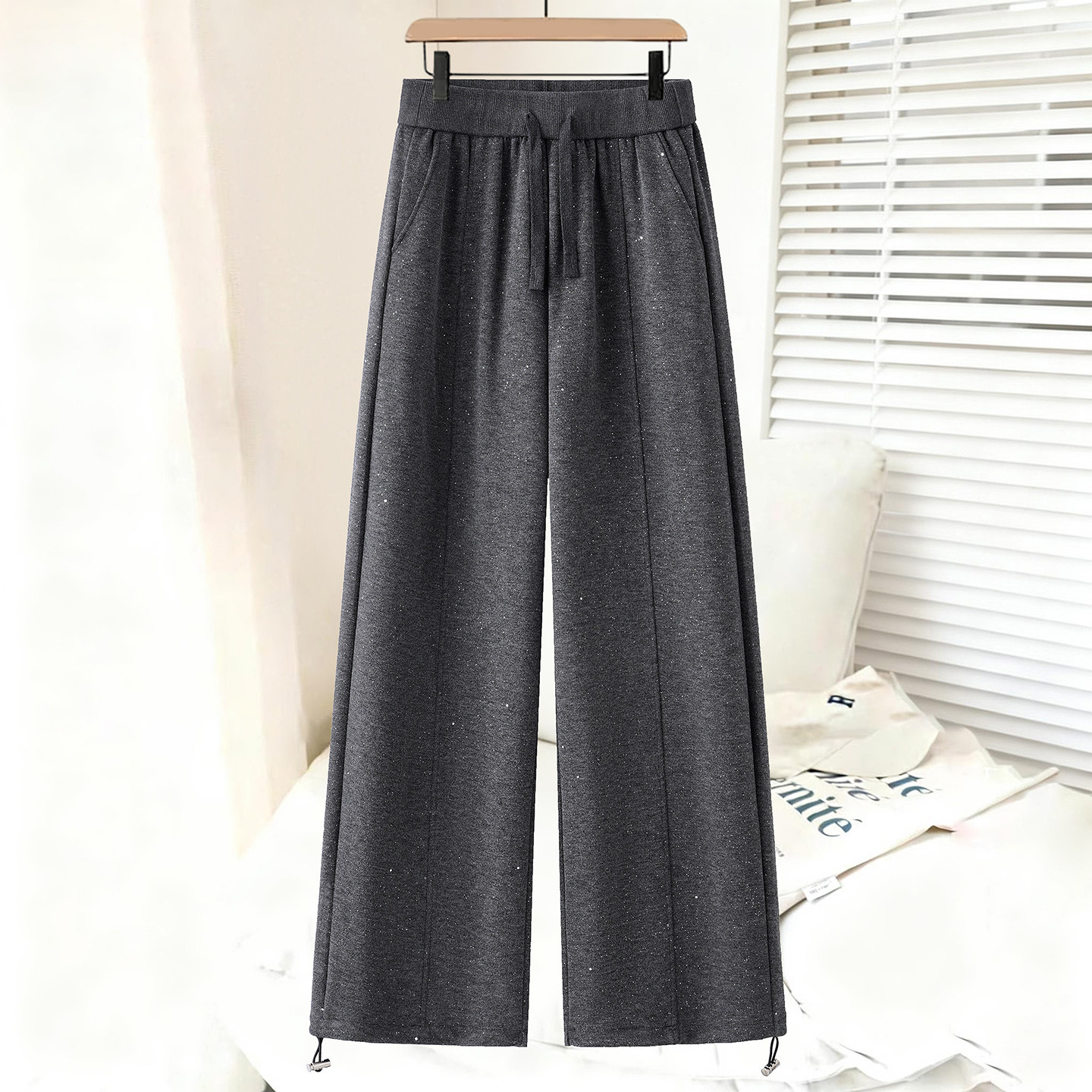 春款毛呢星空烫钻休闲裤女2026新款松紧腰系带宽松窄版阔腿裤束脚