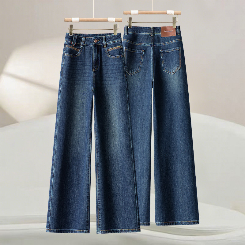 复古蓝阔腿牛仔裤女春季2026新款高腰宽松垂坠感直筒休闲裤子春秋