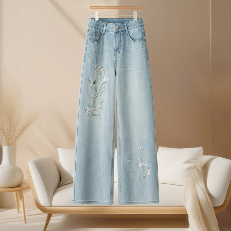 浅蓝色牛仔裤女国风刺绣2025年新款爆款窄版显瘦高腰直筒阔腿裤子,女装/女士精品,牛仔裤,淘宝优惠券,粉丝福利购,淘宝优惠卷