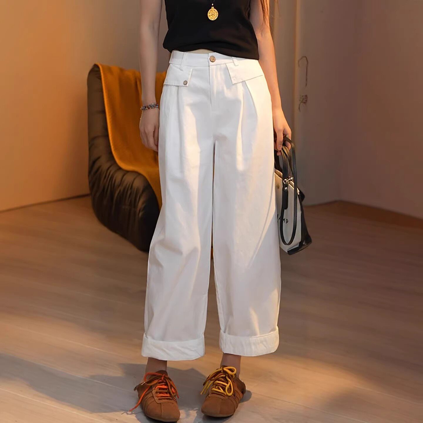 白色九分弯刀阔腿裤女春秋季2026新款爆款小个子直筒休闲裤子薄款