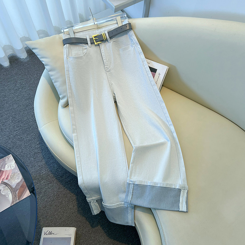 2026欧货爆款灰白色高腰九分阔腿牛仔裤女春秋新款翻卷边直筒裤子