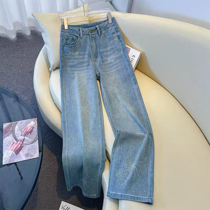 浅蓝色烟花满天星烫钻牛仔裤女2026春季新款巨好看爆闪直筒阔腿裤