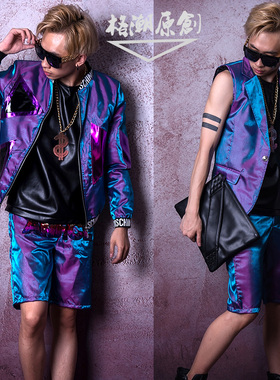 夜店男歌手DSDJ大牌走秀GD紫色丝光效果棒球套系美发师酒吧演出服