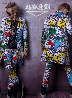 夜店男歌手DSDJ大牌走秀GD线条印花视觉中长西装美发师酒吧演出服