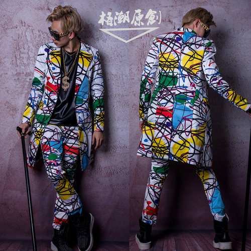 夜店男歌手DSDJ大牌走秀GD线条印花视觉中长西装美发师酒吧演出服