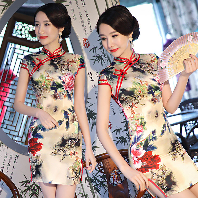 冉婷秋冬时尚改良修身短款丝绸印花少女日常旗袍裙妈妈装连衣裙子